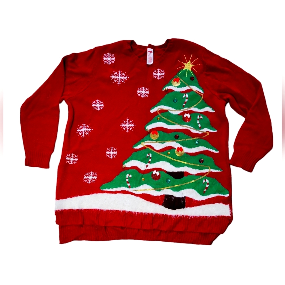 NWOT new 3D Holiday Time snow Christmas tree ornaments beaded ugly sweater, 3X